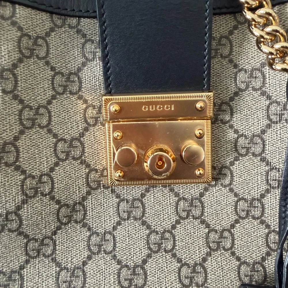 Gucci Beige GG Supreme Canvas Tote with Black Leather Trim and Gold Hardware